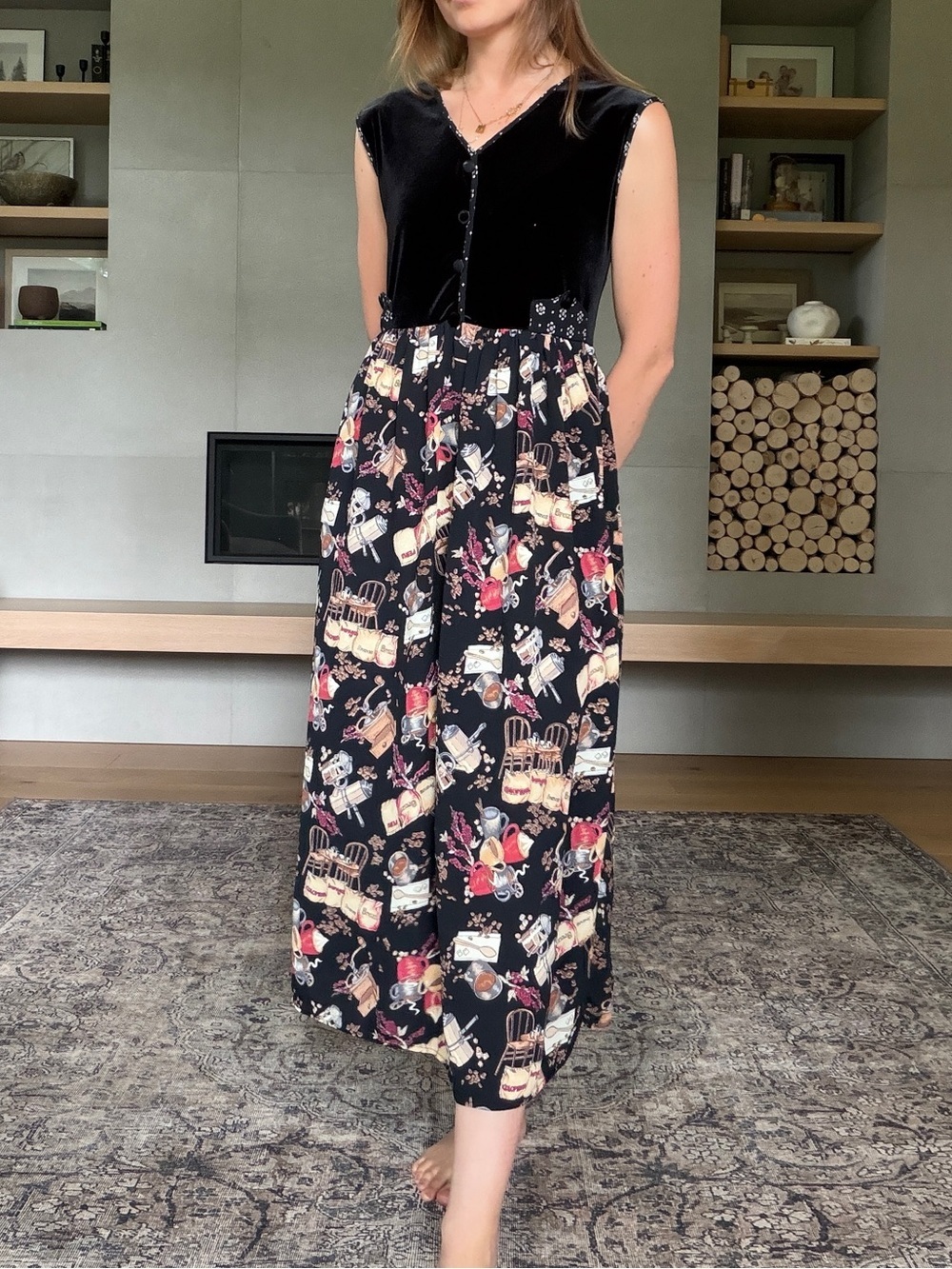 Vintage velvet midi with eclectic kitchen print small
